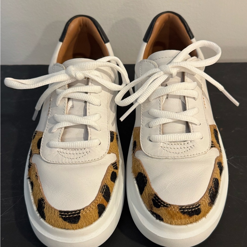 Cole Haan White Sneakers with Tan and Black Leopard Accents - Picture 2 of 12